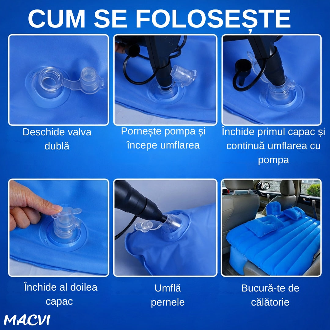 Saltea Gonflabila Auto Macvi® cu Perne si Suport de Echilibru, Ideala pentru Bancheta din Spate, Camping, Calatorii si Relaxare, Pompa inclusa, chit de reparatii, Albastru, 132x72cm