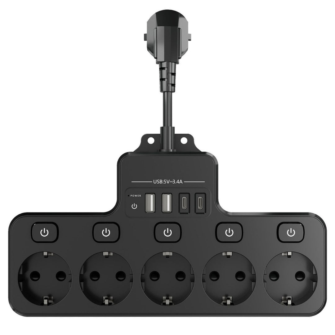 Multipriza Macvi cu 5 prize Schuko, 4 porturi USB, control individual, 4000W, extensie electrica pentru birou si acasa
