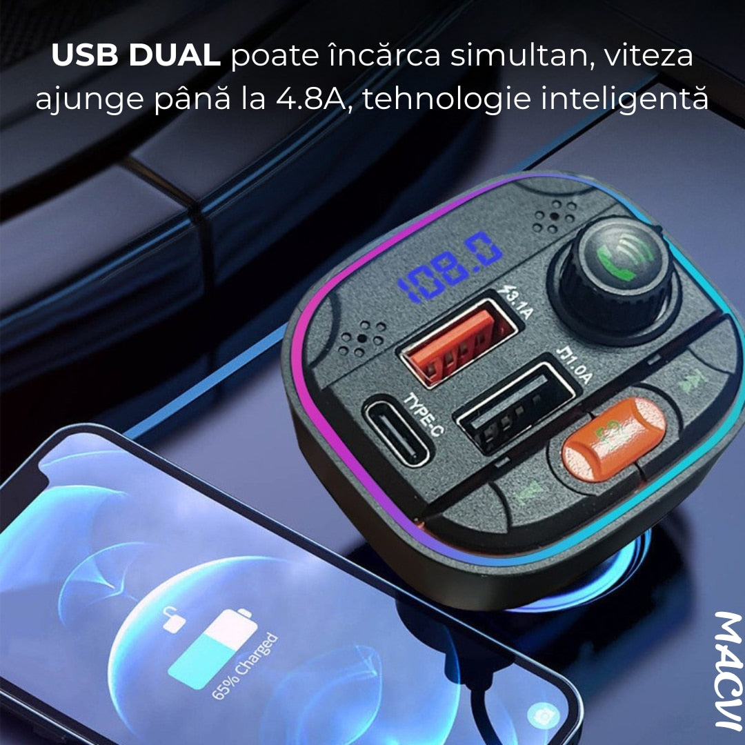 Modulator FM Bluetooth 5.0 Macvi® cu Incarcare Rapida QC 3.0 si PD 20W, 1x USB Tip C, 2x USB Tip A, Iluminare RGB, Negru