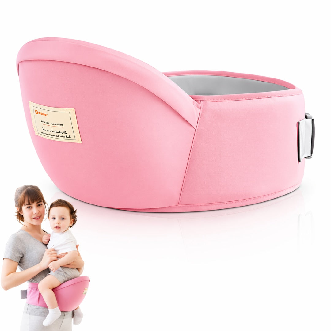 Suport port bebe Macvi® tip marsupiu, cu centura pentru talie, material bumbac premium, burete ergonomic, confortabil, 43 x 22 cm, roz