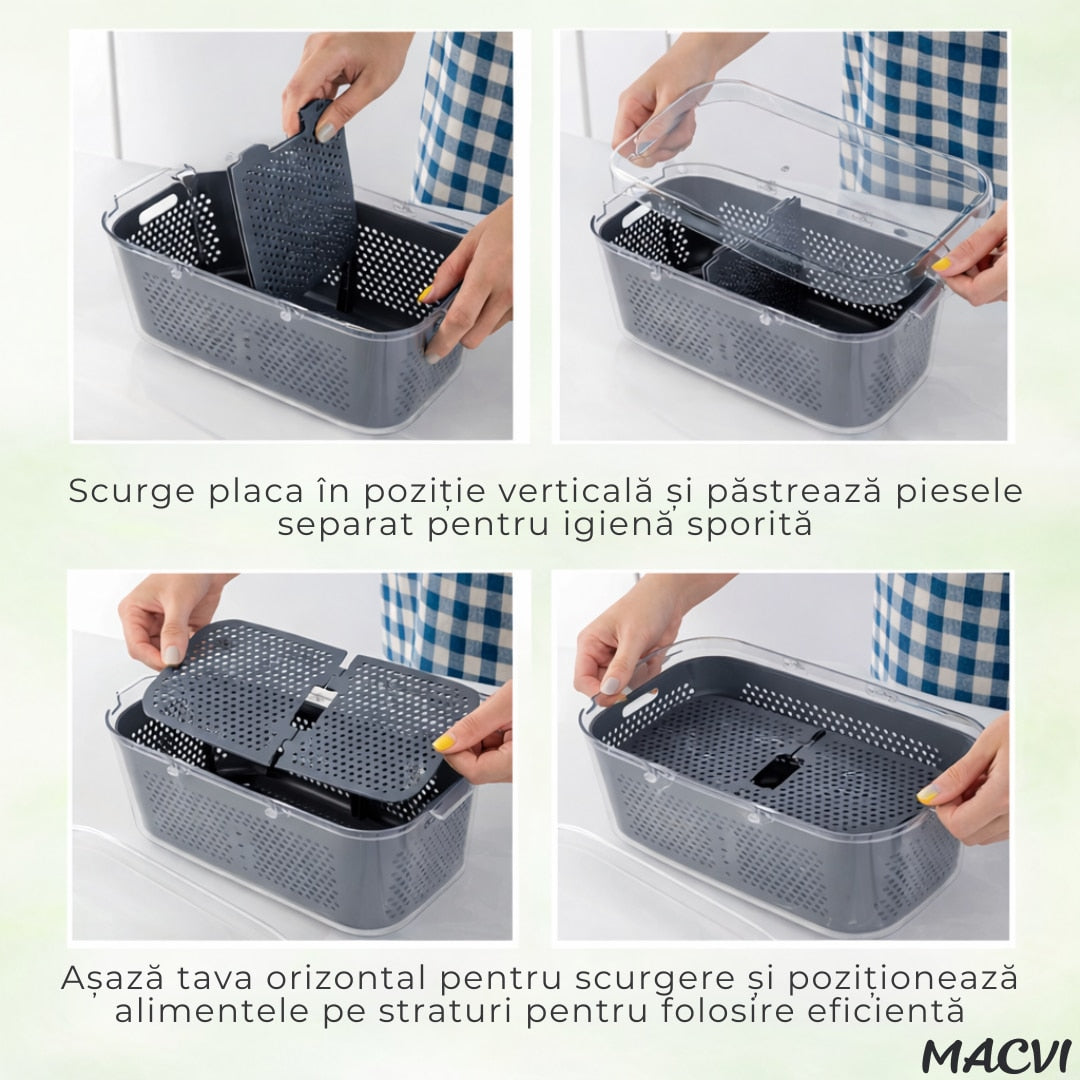 Razatoare multifunctionala Macvi® profesionala 22 piese cu lame inox si recipient colector tocator feliator pentru legume fructe si branzeturi gri verde