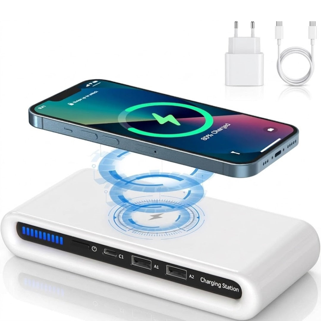 Statie de incarcare wireless 30W Macvi® cu lumina ambientala, 3 porturi USB (2×USB-A + 1×USB-C), incarcare rapida, material ABS/PC, alb