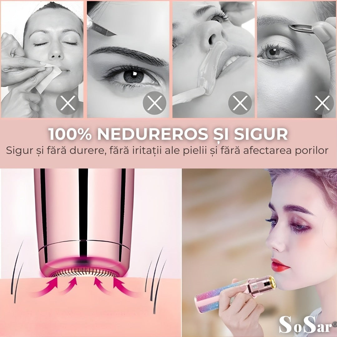 Epilator Facial Macvi® Reincarcabil 2in1 Trimmer Sprancene si Puf, Iluminare LED, Portabil, USB, Potrivit Pentru Toate Zonele Corpului