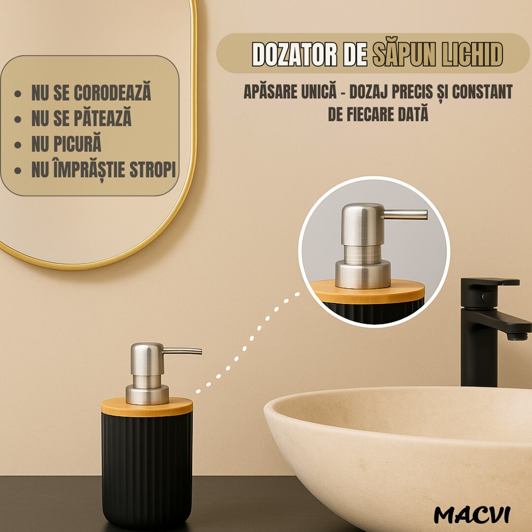 Set Baie Macvi® 6 Piese Negru Mat cu Accente de Lemn, Cos Gunoi, Perie WC, Dozator Sapun, Suport Periute, Pahar si Sapuniera
