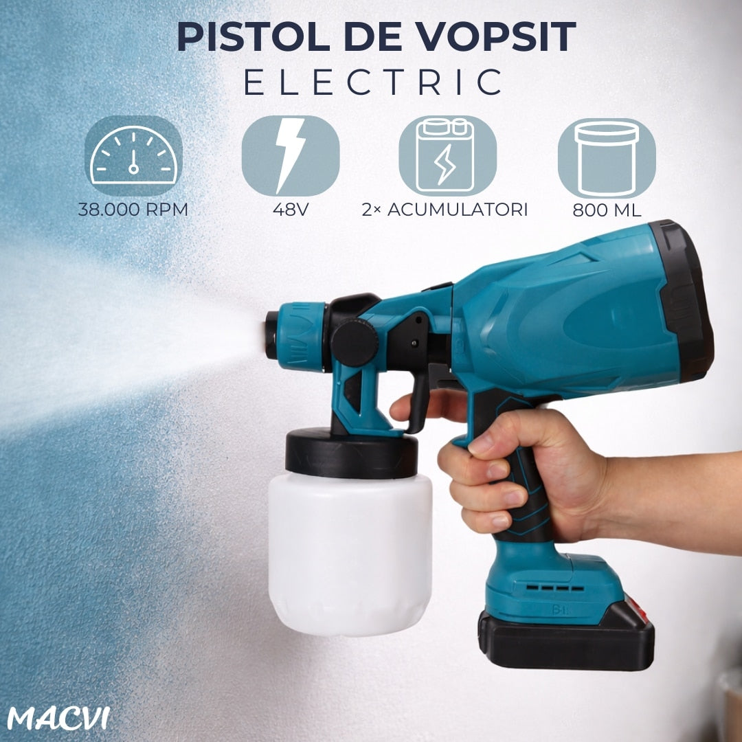 Pistol Electric de Vopsit Macvi® cu 2 Acumulatori 48V Pulverizator Portabil fara Fir, 3 Duze, Debit Reglabil, Ideal pentru Vopsea, Email, Lac sau Grund