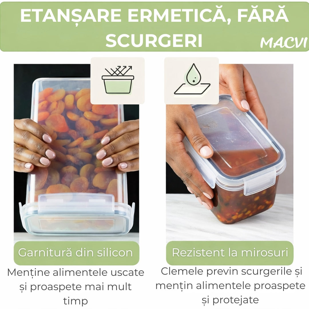 Set 24 organizatoare/recipiente Macvi® pentru depozitare alimentara, etanse, design minimalist, fara BPA, stocabile, cu etichete si lingurite incluse