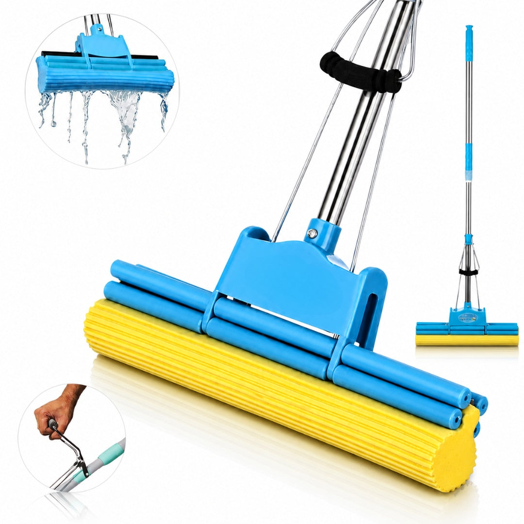Mop Macvi® cu Storcator si Coada Metalica Telescopica 88-105 cm, PVA, 37 x 5 x 5 cm, Albastru