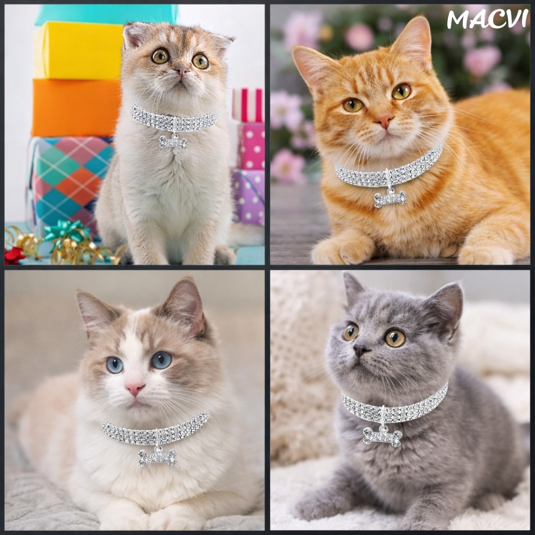 Zgarda pentru caini de talie mica si pisici Macvi® cu cristale stralucitoare, design elegant, ajustabila, argintiu, Marimea S