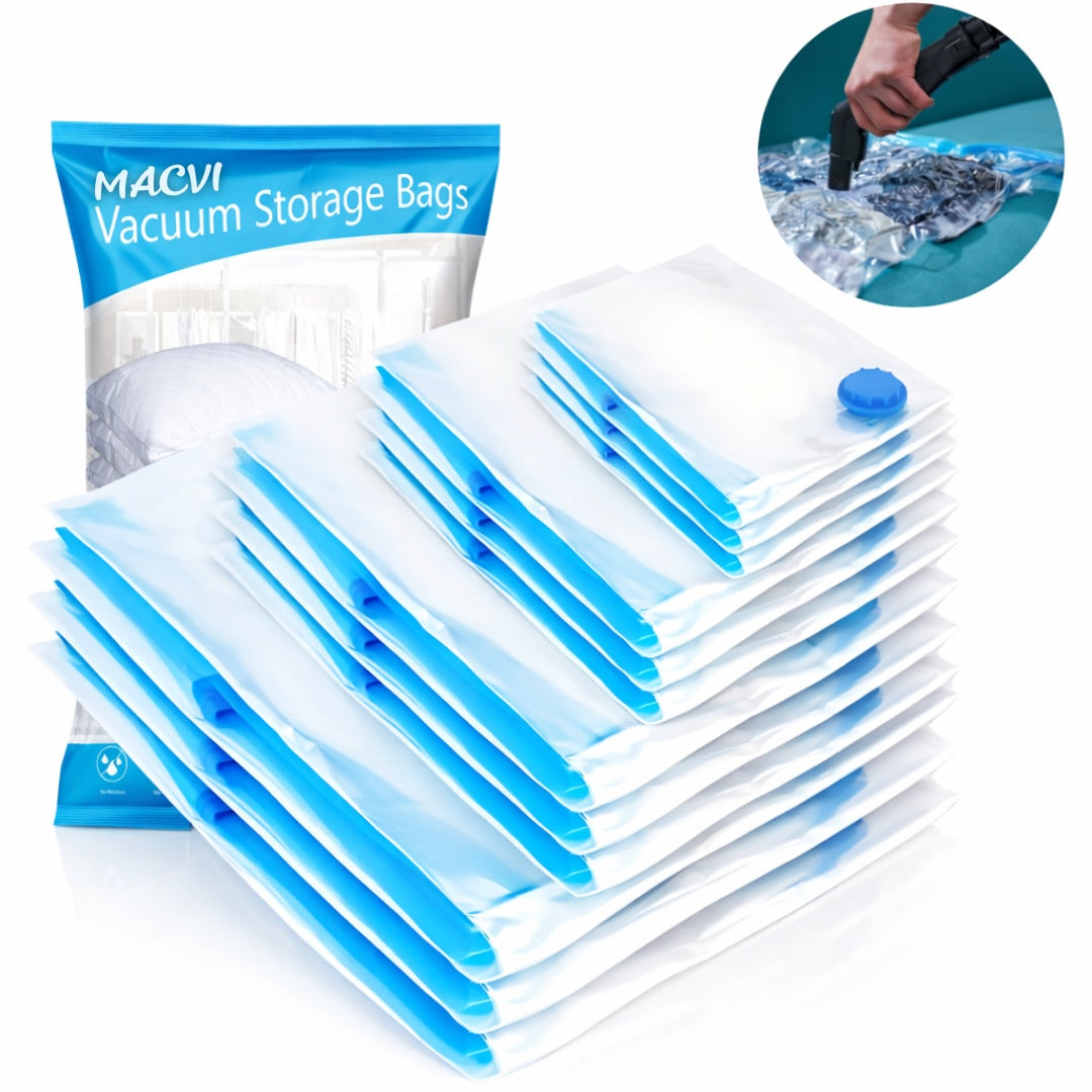 Set 12 saci vidat Macvi® cu compresie prin vacuum, reutilizabili, 40×60 cm, 50×70 cm, 60×80 cm, 80×100 cm
