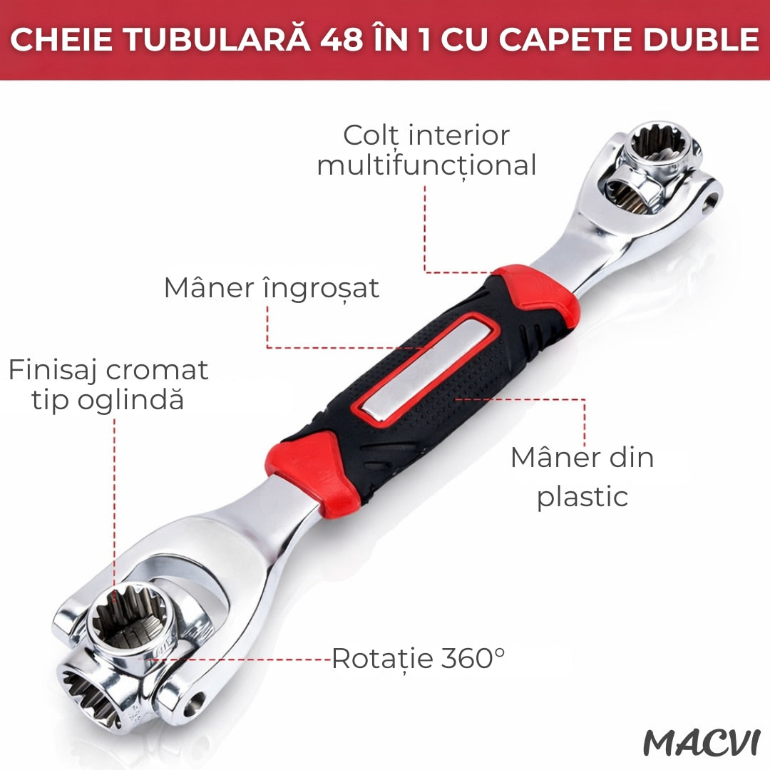Cheie tubulara multifunctionala Macvi® universala 48 in 1 cap rotativ 360° unghi 45° otel carbon pentru suruburi hex torx patrat spline unealta profesionala