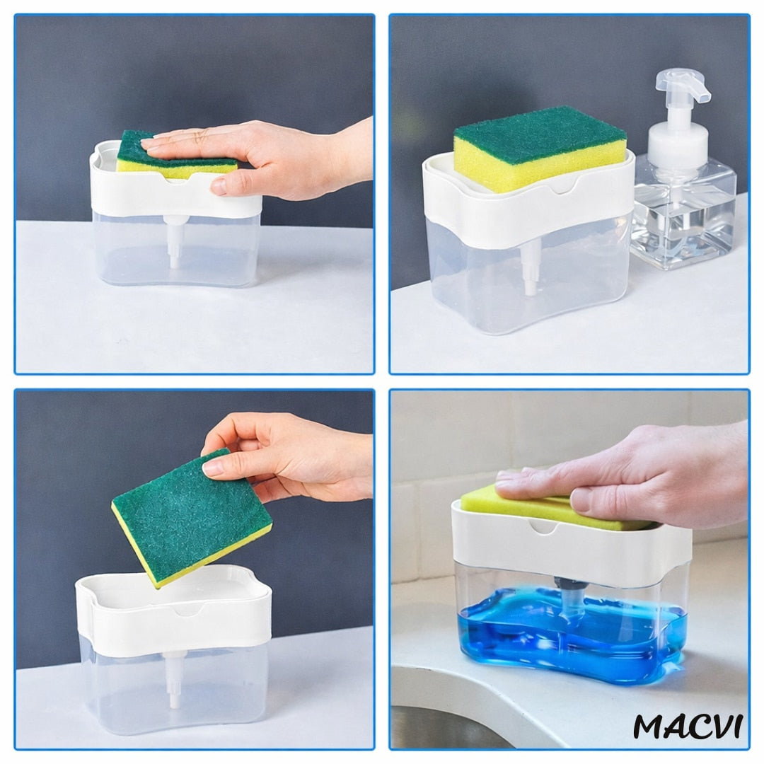 Dispenser detergent Macvi® 380 ml cu suport pentru burete, actionare prin apasare, economisire detergent