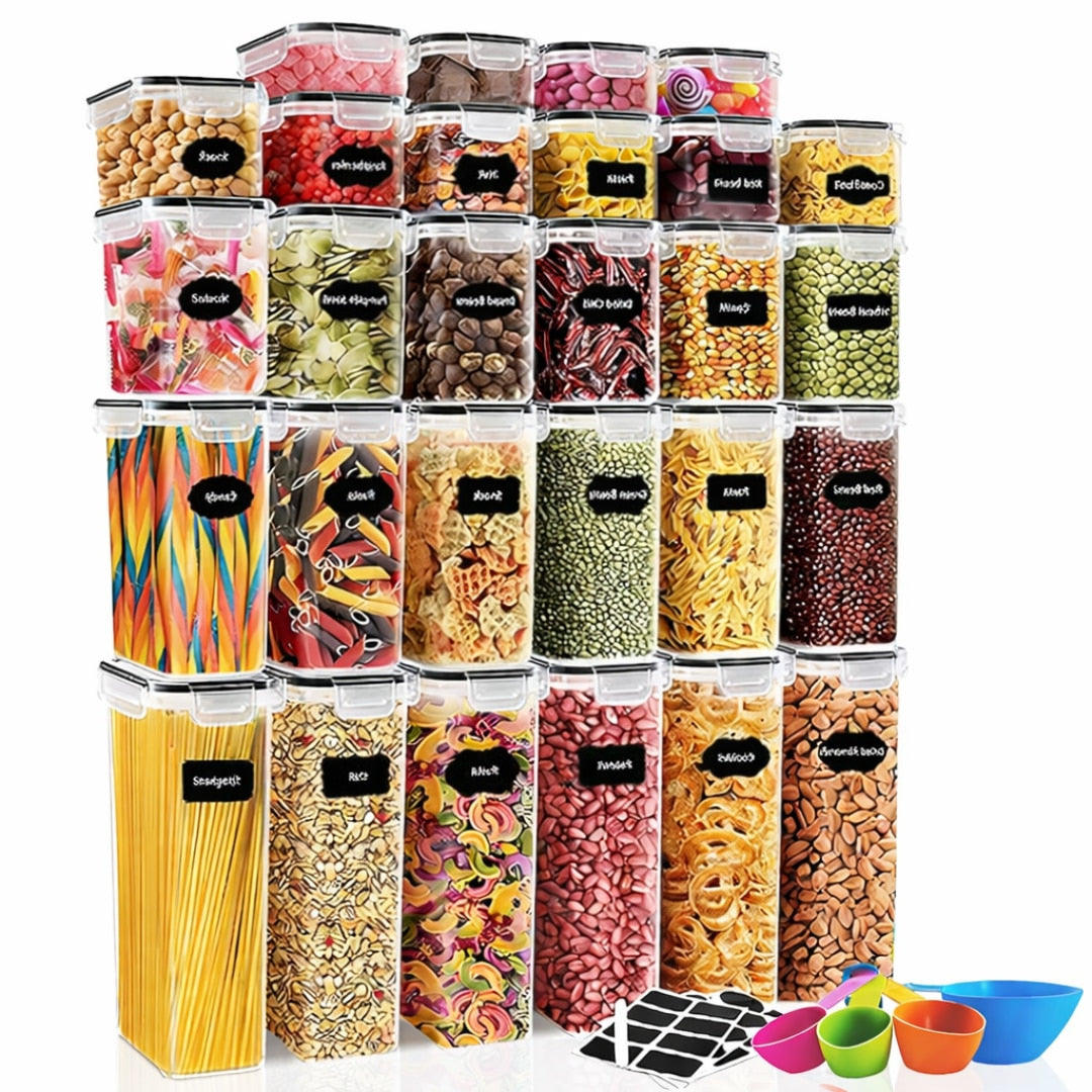Set 28 organizatoare/recipiente Macvi® pentru depozitare alimentara, etanse, design minimalist, fara BPA, stocabile, cu etichete si lingurite incluse