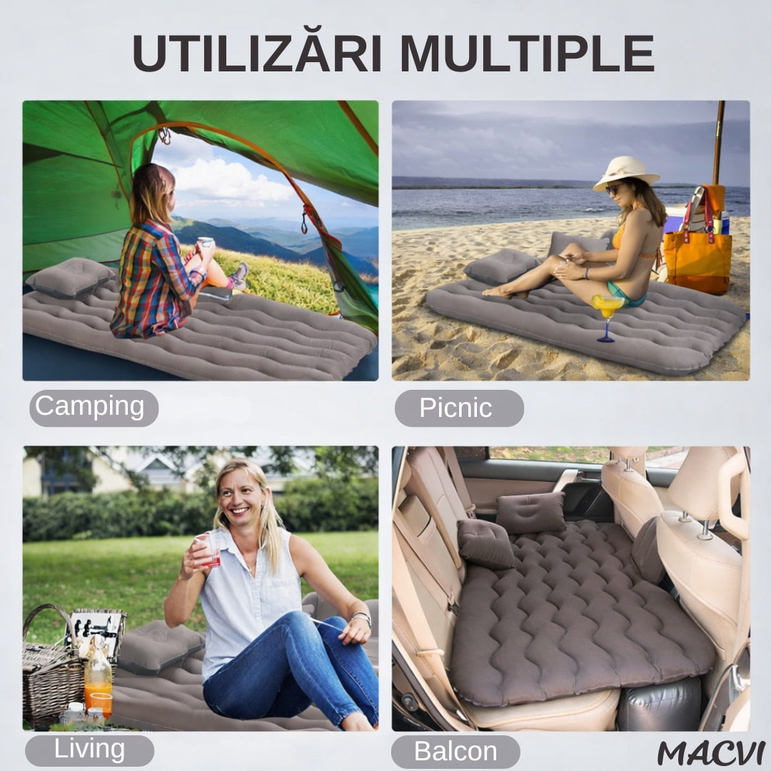 Saltea Gonflabila Auto Macvi® cu Perne si Suport de Echilibru, Ideala pentru Bancheta din Spate, Camping, Calatorii si Relaxare, Gri