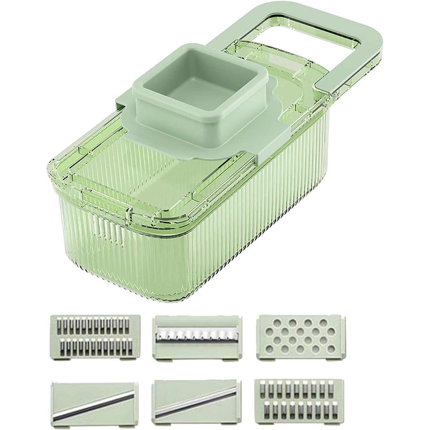 Razatoare Multifunctionala Macvi® cu Recipient si 6 Lame din Otel Inoxidabil, Tocator Rotund pentru Legume si Fructe, Design Demontabil, Verde