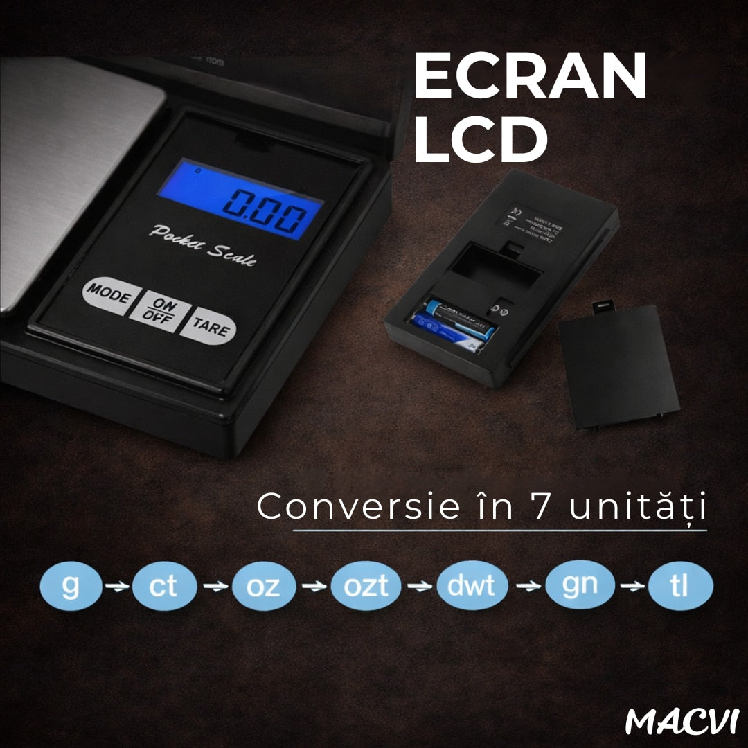 Cantar electronic pentru bijuterii Macvi®, Pocket, 300 g, Rezolutie 0, 01 g, precizie ridicata, usor, compact, Negru