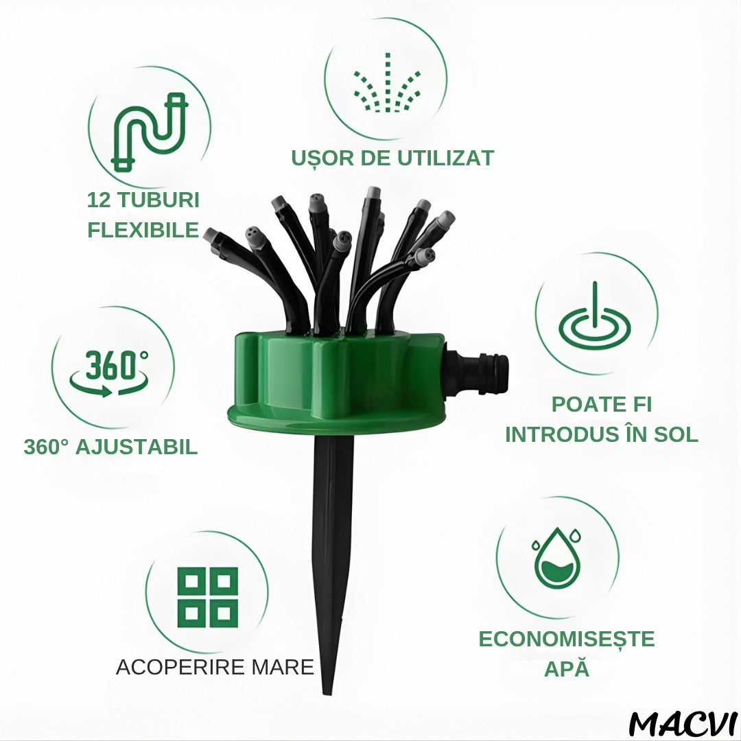 Aspersor Gradina Multifunctional Macvi® 360°, 12 furtunuri Flexibile cu cate 3 orificii fiecare, Economisire Apa