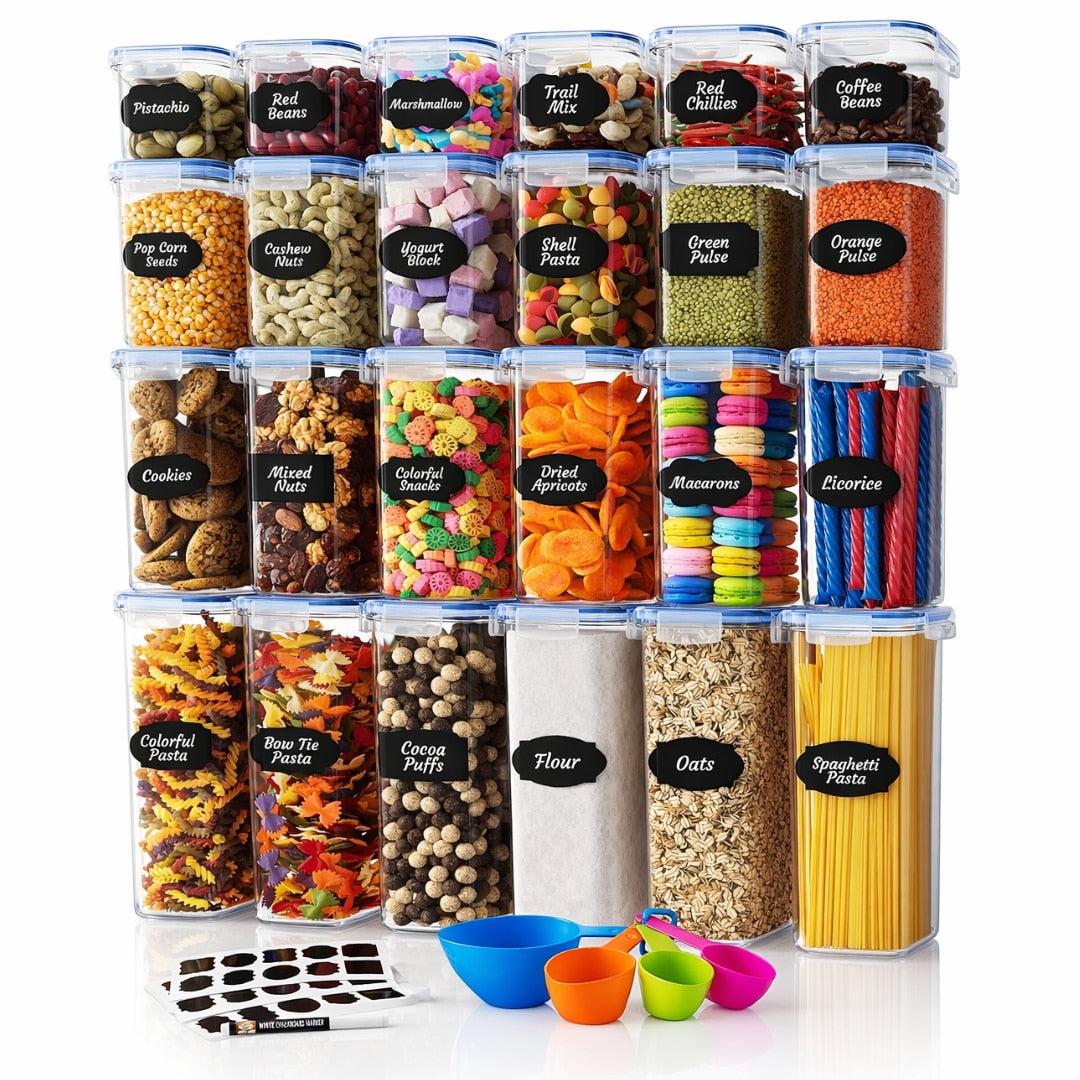 Set 24 organizatoare/recipiente Macvi® pentru depozitare alimentara, etanse, design minimalist, fara BPA, stocabile, cu etichete si lingurite incluse