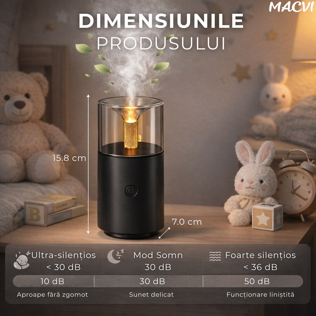 Umidificator Aromaterapie Macvi® cu Efect Flacara Tip Lumanare 250 ml Portabil USB cu Oprire Automata Pulverizare Arome LED Ambiental pentru Dormitor Bucatarie Masina
