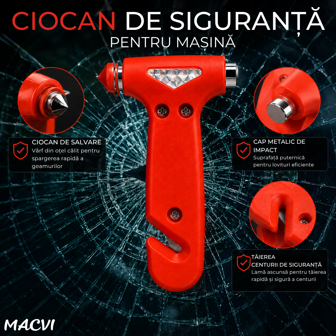 Ciocan de urgenta auto Macvi® 3 in 1, ABS rezistent, cu cutter pentru centura de siguranta si cap metalic pentru spart geamuri