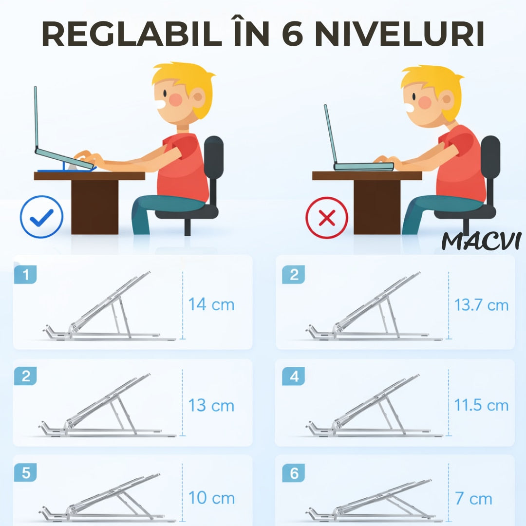 Suport laptop ergonomic Macvi® din aluminiu – ajustabil 6 nivele, husa de protectie, disipare caldura, antialunecare, compatibil 10-15.6 inch, argintiu