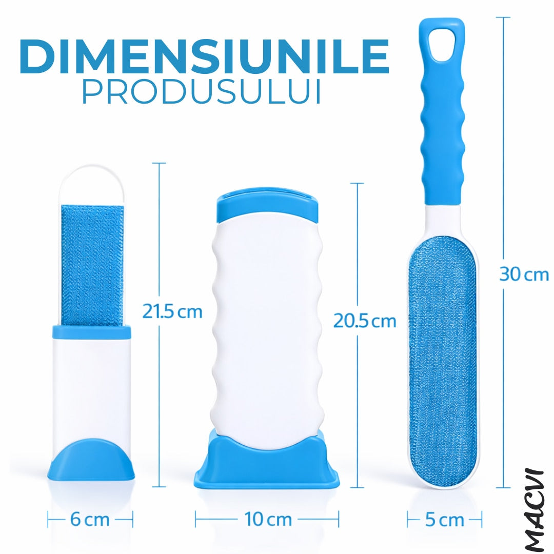 Set 2 Perii Speciale Macvi® pentru Indepartarea Parului de Animale de Pe Haine si Tapiterii, Sistem de Autocuratare, Perie de Dimensiuni Reduse Ideala pentru Calatorii, Alb/Albastru