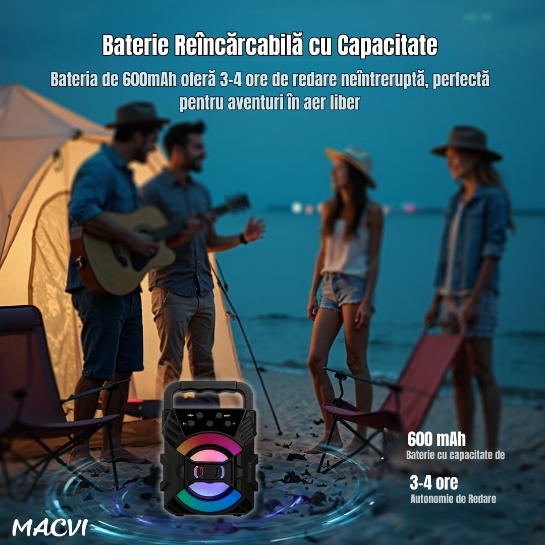 Boxa portabila Bluetooth Macvi® 18x10 cm, AUX, USB, Radio FM, lumini LED, 600 mAh