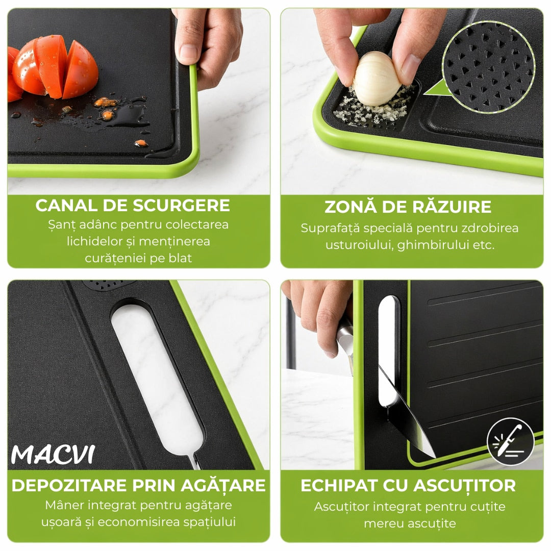 Tocator de Bucatarie 4 in 1 Macvi® pentru Dezghetare Rapida, Taiere, ascutire cutit, zdrobire/pisare, doua fete, 31 x 21 x 1 cm