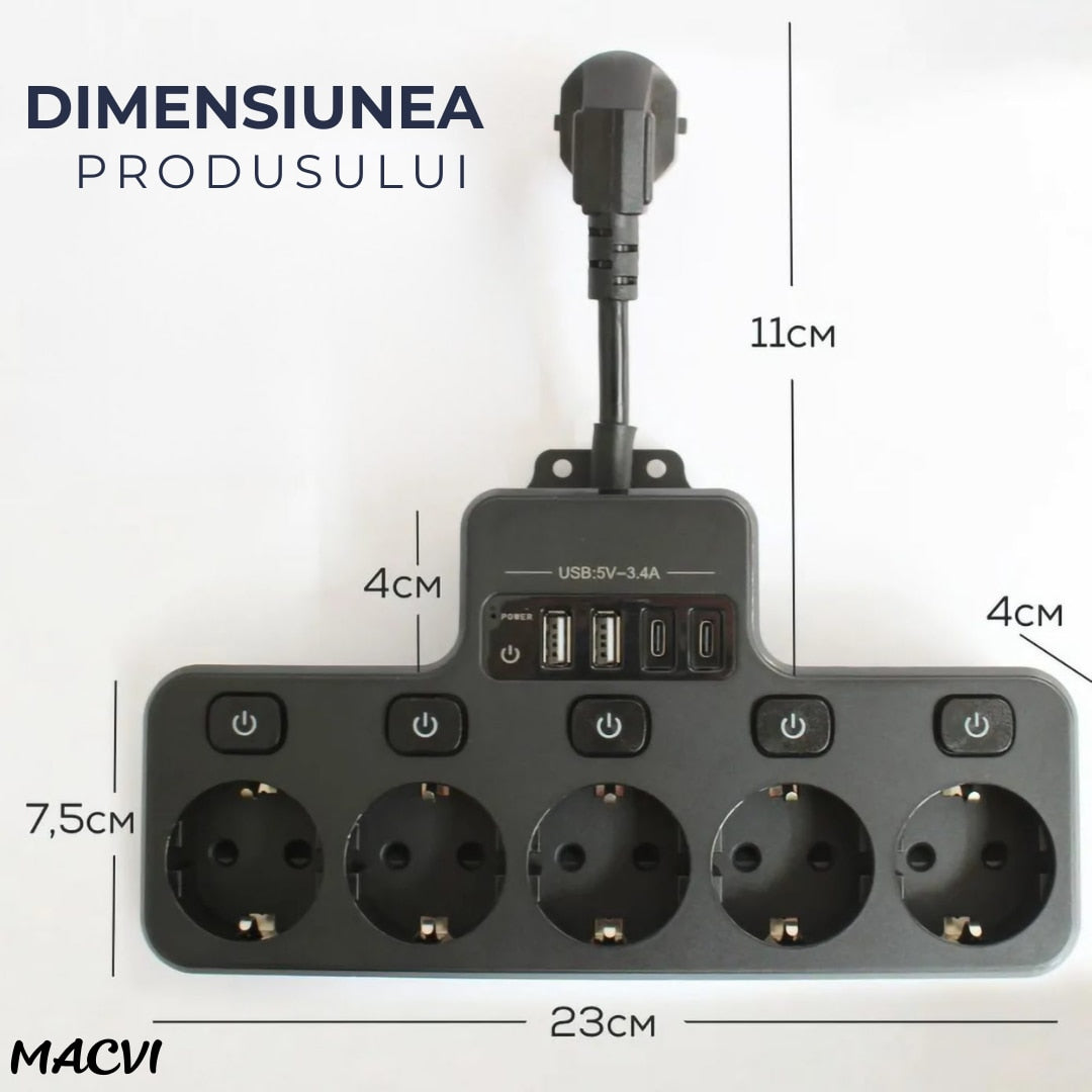 Multipriza Macvi cu 5 prize Schuko, 4 porturi USB, control individual, 4000W, extensie electrica pentru birou si acasa