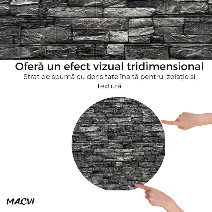 Tapet 3D Autoadeziv, Macvi®, dimensiuni 70x77,Model Caramida Piatra Gri Inchis, acopera 5.3 metri patrati, este rezistent la apa si ofera un design modern oricarui spatiu