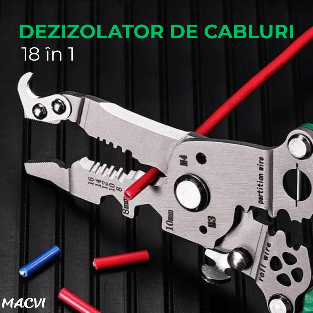 PROMO 1+1: Patent multifunctional Macvi® 12-in-1 cu sertizor pentru cabluri cleste pliabil din otel pentru dezizolare, taiere si sertizare fire, design ergonomic pentru lucrari electrice