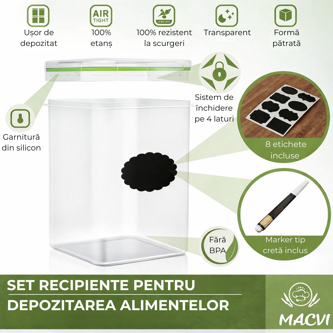 Set 28 organizatoare/recipiente Macvi® pentru depozitare alimentara, etanse, design minimalist, fara BPA, stocabile, cu etichete si lingurite incluse
