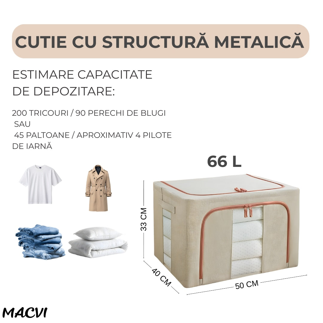 Cutie depozitare haine Macvi® 66L, organizator textil pliabil cu capac, fermoar si fereastra transparenta, boxa depozitare cu cadru metalic