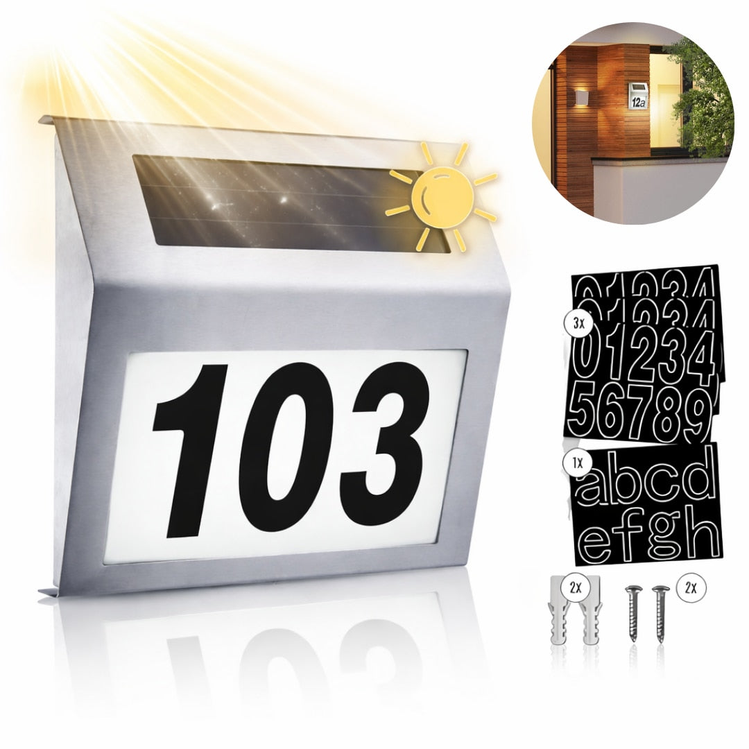 Placa Numar Casa Macvi® cu Iluminare Solara LED Montaj Exterior, Detectie Automata Noapte-Zi, Rezistenta la Intemperii, din Inox