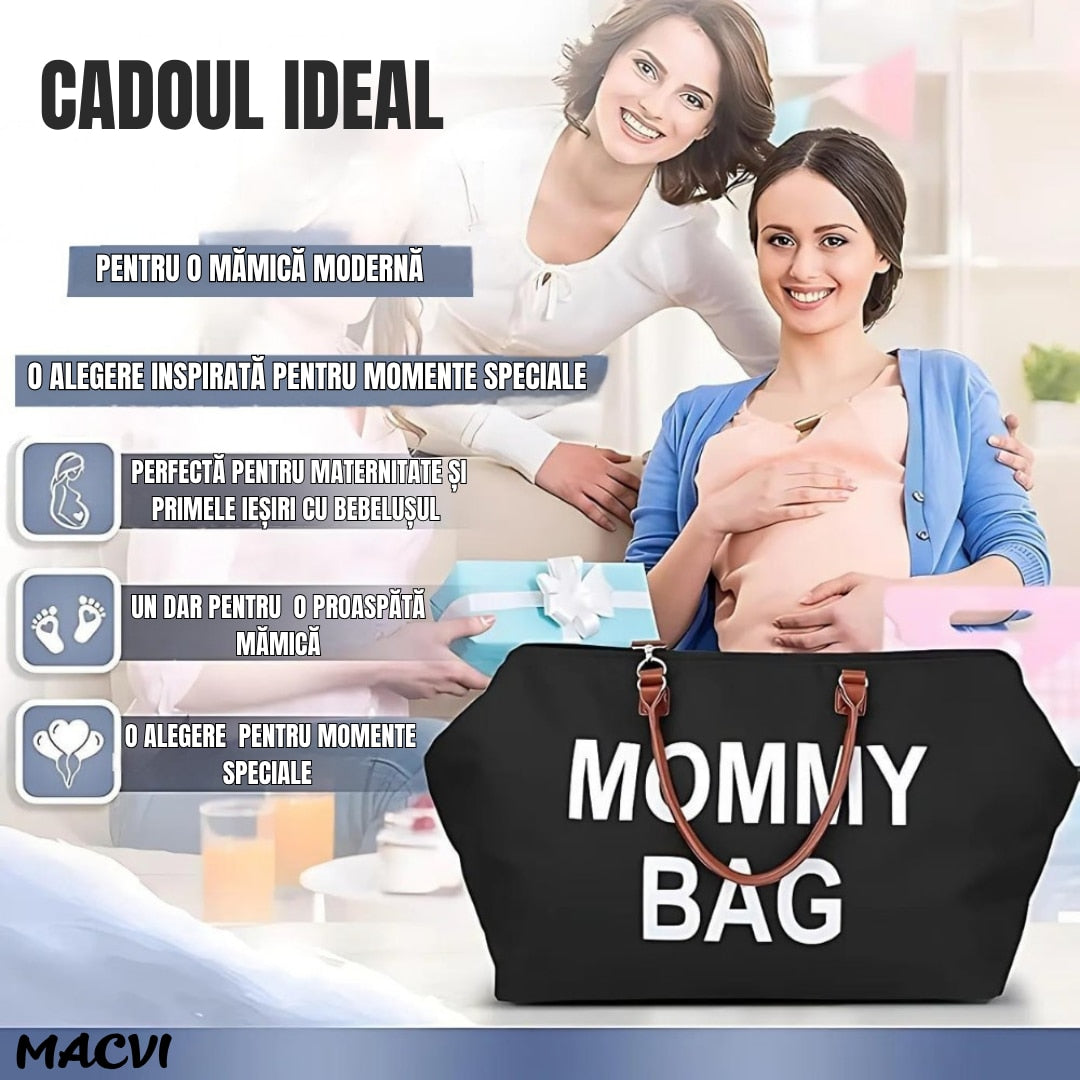 Geanta Mommy Bag Macvi® cu 2 gentute incluse, multiple compartimente si spatii pentru depozitare, ideala pentru maternitate si calatorii, negru