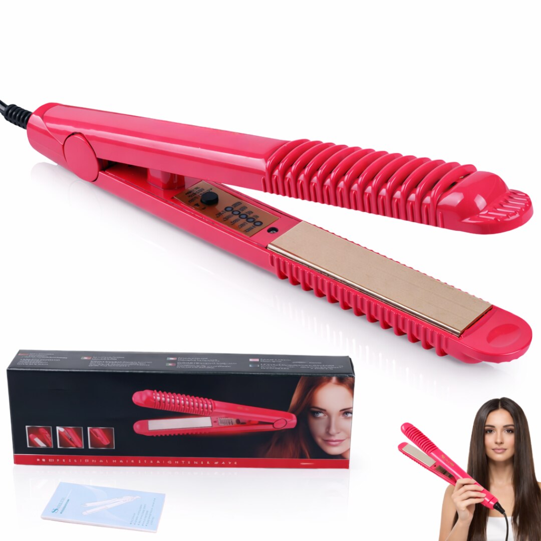 Placa pentru Indreptat Parul Macvi® cu Placi Ceramice, 4 Trepte de Temperatura, Roz, Alimentare la Retea