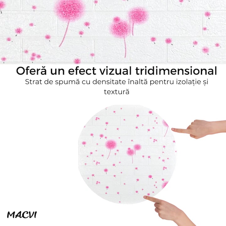 Tapet 3D Autoadeziv, Macvi®, dimensiuni 70x77, Model Caramida Papadie Roz, acopera 5.3 metri patrati, este rezistent la apa si ofera un design modern oricarui spatiu