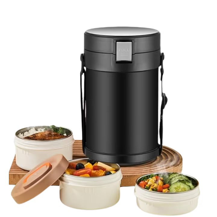 Caserola termica Macvi® din inox 304, 2.9L, 4 compartimente, etansa, Negru