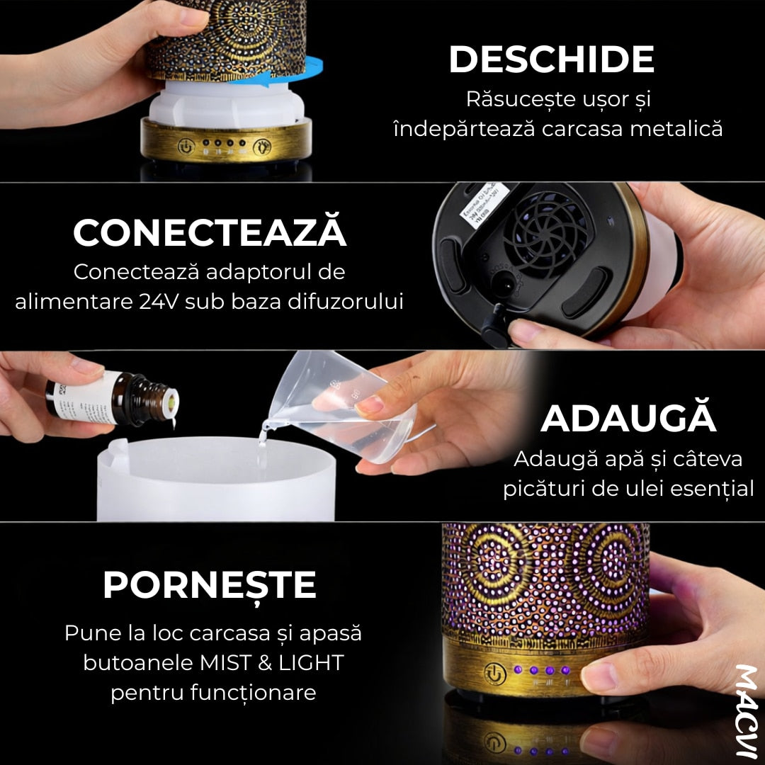 ifuzor Aromaterapie Macvi® din Metal, Design Vintage, 100 ml, 4 setari,7 Culori, Zgomot redus, Bronz deschis