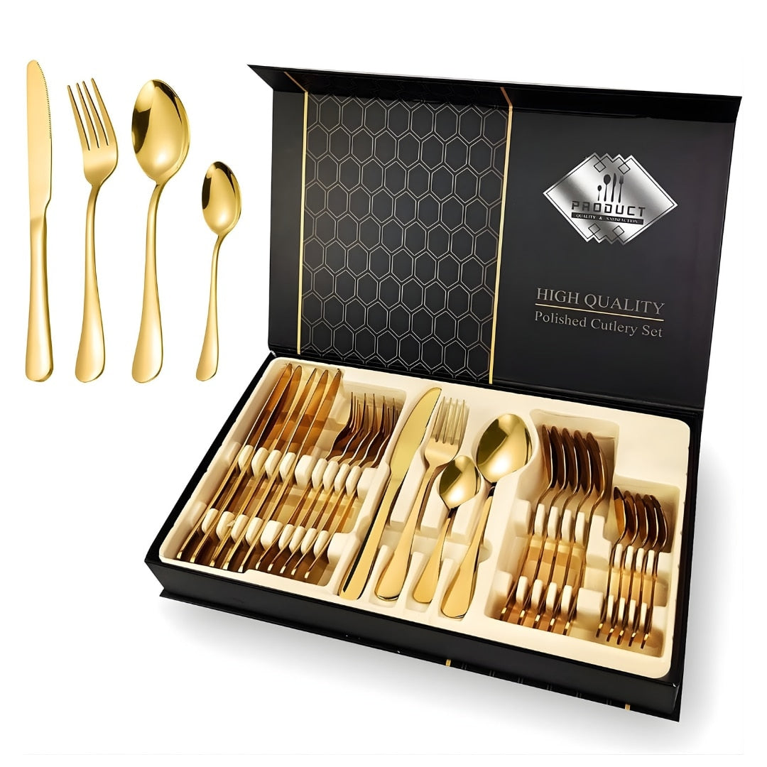Set 24 tacamuri din inox Macvi®, 6 x cutite, 6 x linguri, 6 x furculite, 6 x lingurite, 40 x 25.5 x 5.5 cm, auriu