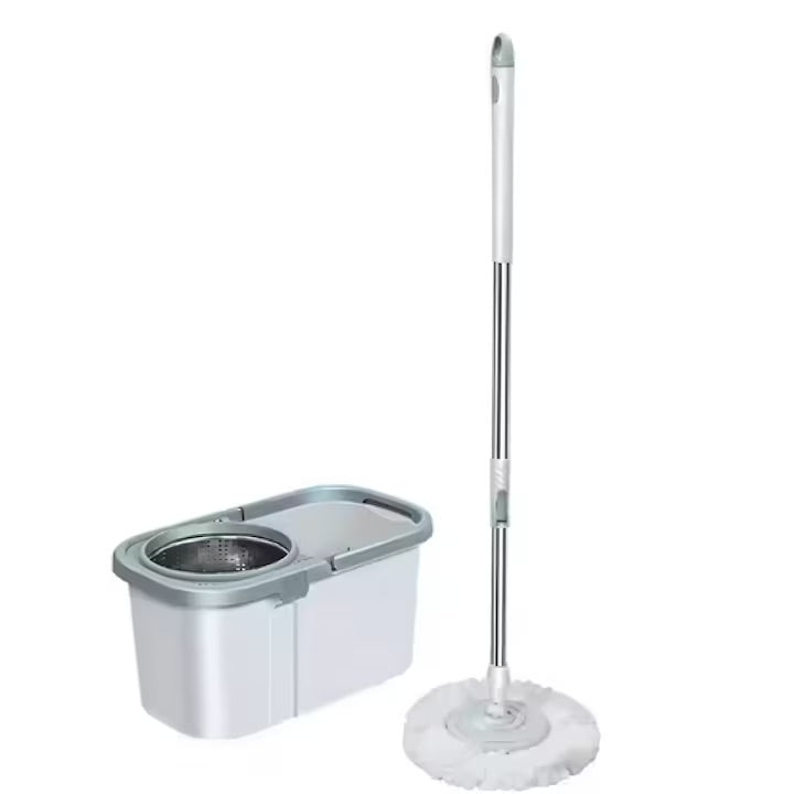 Set Mop Rotativ Macvi®, Galeata, Dubla Actiune, Capat Microfibra, Sistem Stoarcere, Inaltime Ajustabila, Alb/Gri