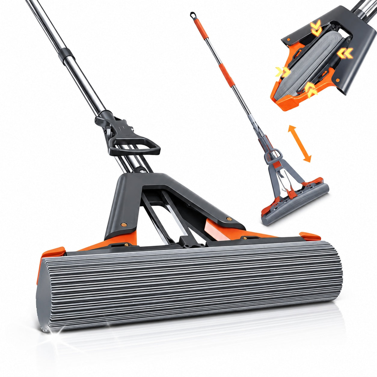 Mop Super Absorbant Macvi® 38 cm cu Burete PVA Premium Sistem Stoarcere Automat Hands Free Maner Telescopic Curatare Rapida pentru Parchet Gresie Laminat Marmura Negru Portocaliu