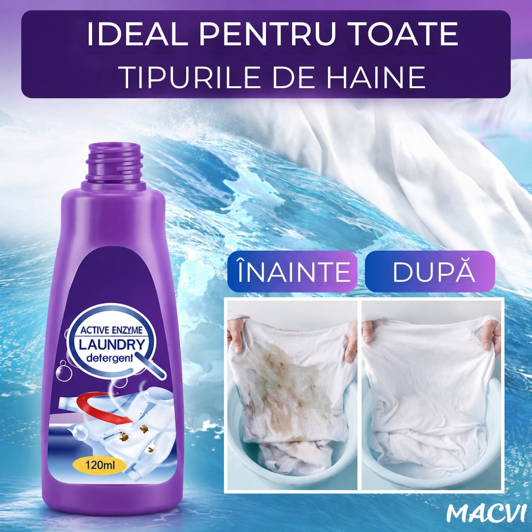 Detergent lichid pentru indepartarea petelor Macvi®, cu enzime active, pentru toate tipurile de haine, 120 ml, actiune imediata