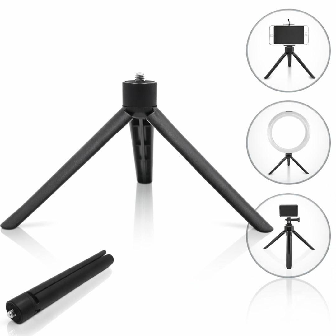 Mini Trepied pentru Telefon, Aparate Foto si Video Macvi® cu Lampi Circulare, Portabil, Pliabil, Ergonomic, Negru