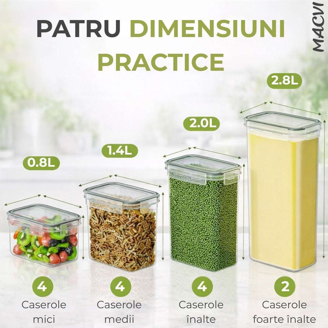 Set 14 organizatoare/recipiente Macvi® pentru depozitare alimentara, etanse, design minimalist, fara BPA, stocabile, cu etichete si lingurite incluse