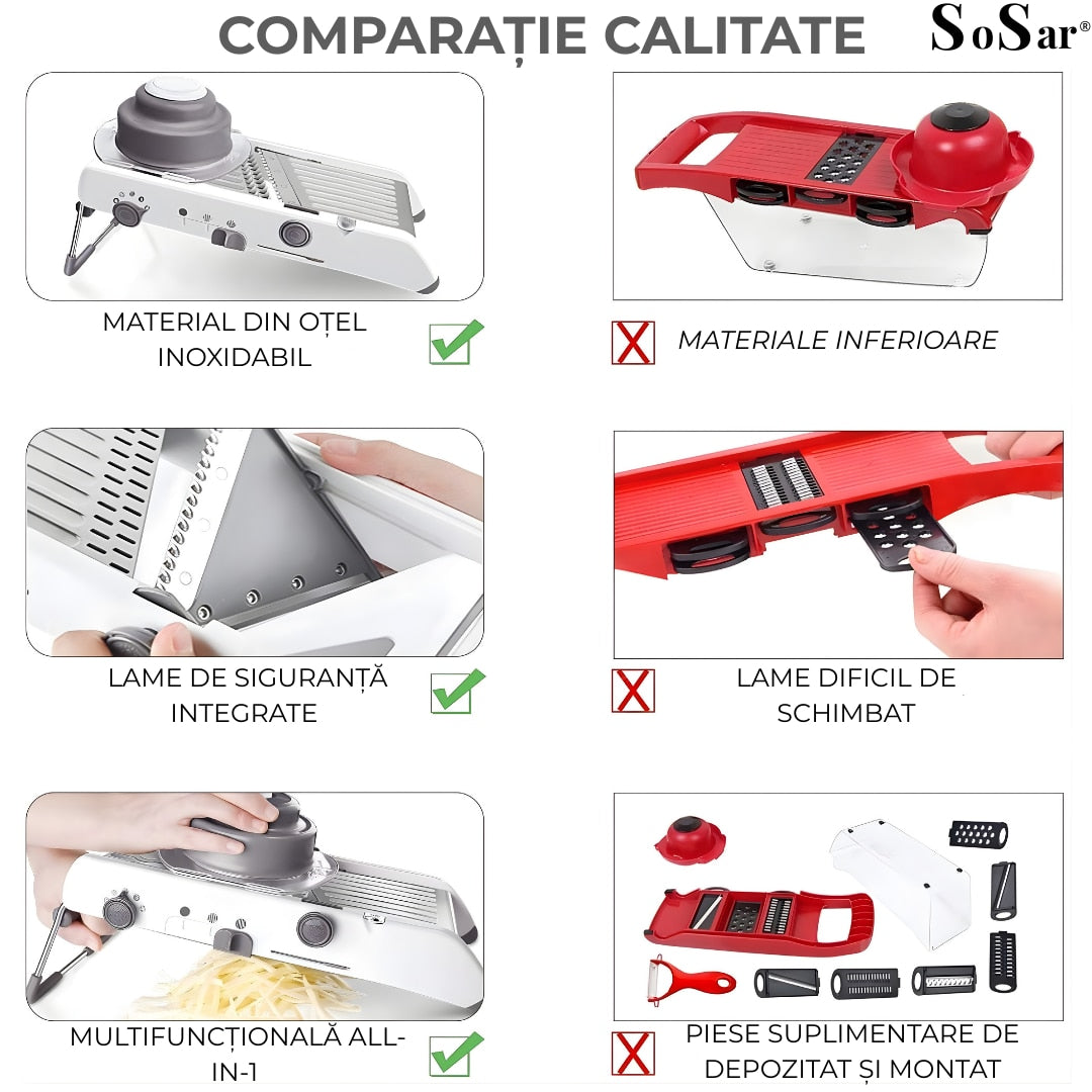 Razatoare Multifunctionala Macvi® pentru legume si fructe, 18 taieturi diferite, lame inox, reglabila 1–7 mm, ergonomica, gri