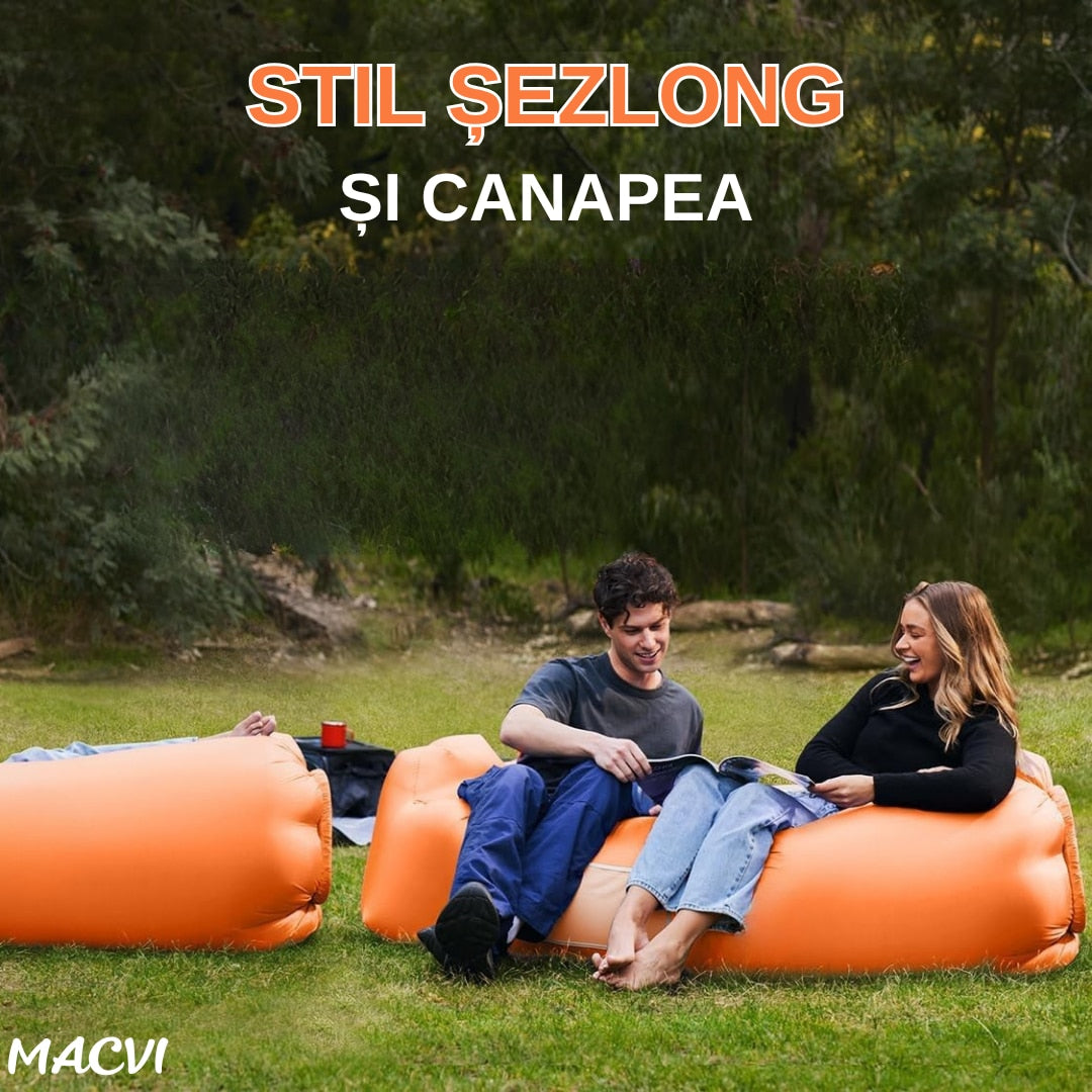 Saltea gonflabila tip sezlong Lazybag Macvi®, material rezistent, umflare fara pompa, pentru plaja/picnic/camping, rucsac de depozitare, 190 x 70 cm,Portocaliu