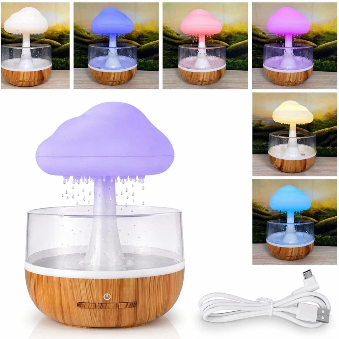 Umidificator si Difuzor Aromaterapie Macvi® Nor de Ploaie, 7 Culori LED, Sunet Relaxant si Sunete Albe, USB, 400 ml
