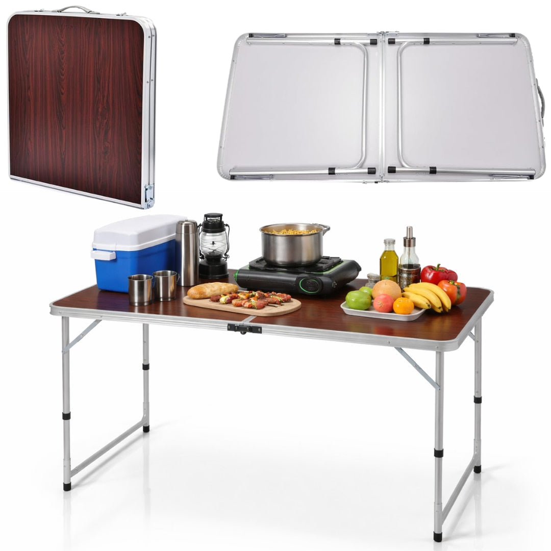 Masa pliabila camping Macvi® Meteor, aluminiu usor, blat MDF 120x60 cm, reglabila pe inaltime, portabila tip valiza