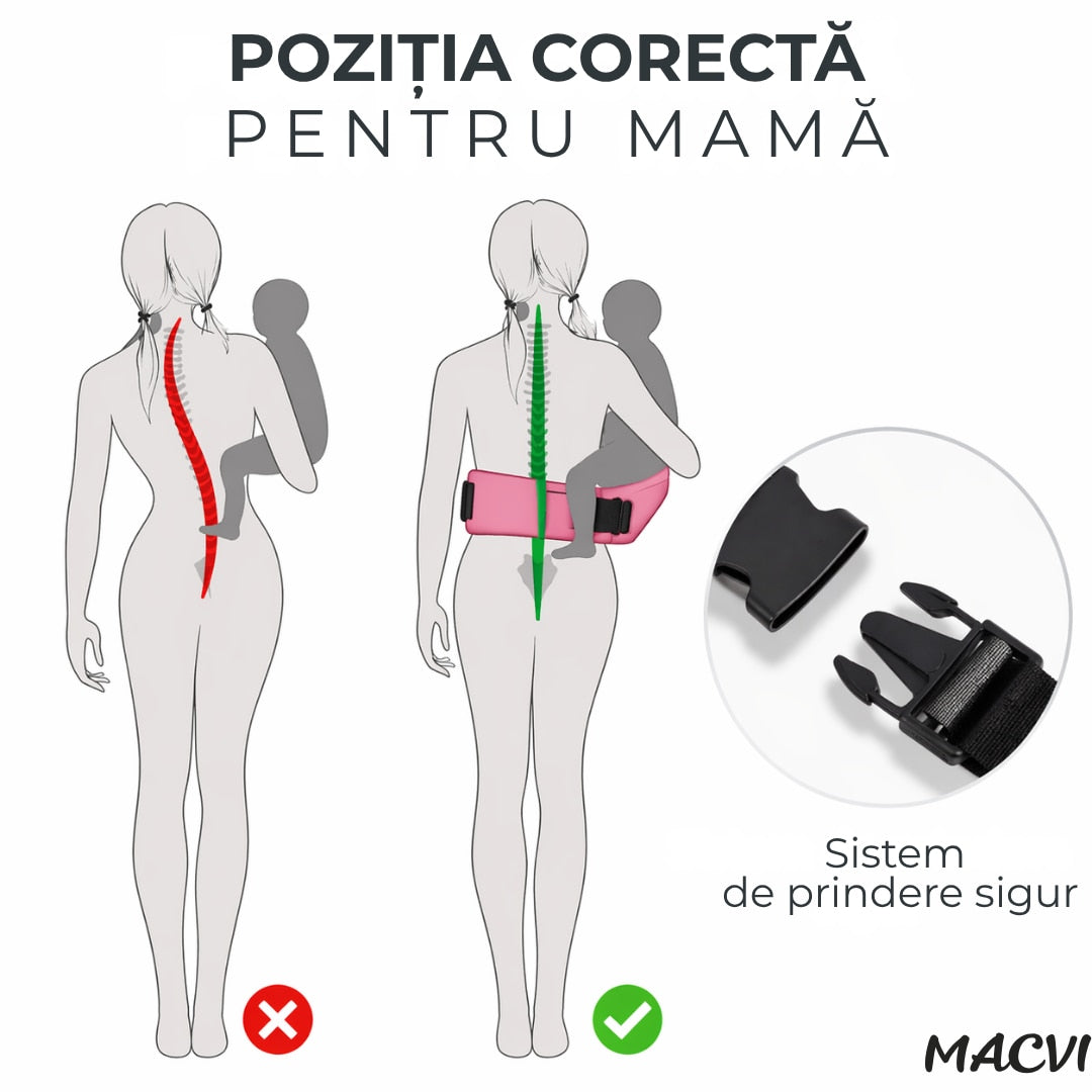 Suport port bebe Macvi® tip marsupiu, cu centura pentru talie, material bumbac premium, burete ergonomic, confortabil, 43 x 22 cm, roz