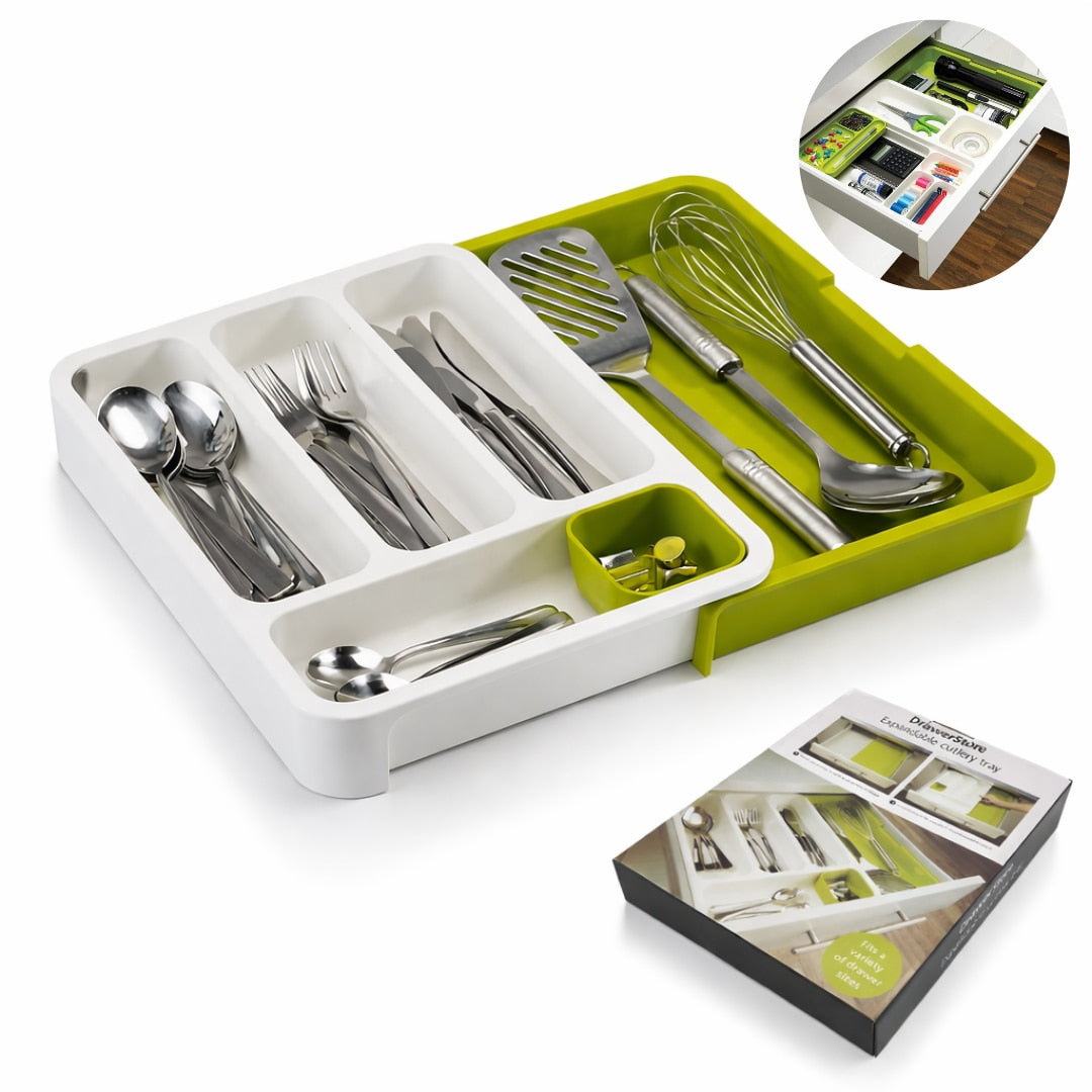 Suport modular extensibil Macvi® pentru tacamuri, 29-48 cm, ABS, alb-verde, organizator sertare
